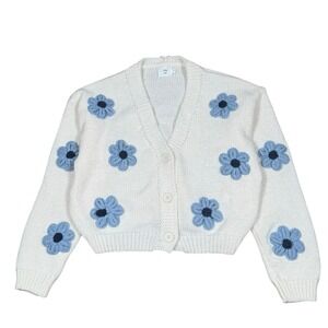 Luna Ivy Cardigan Sweater Women's L Button Up 3D‎ Blue Flowers Cottagecore